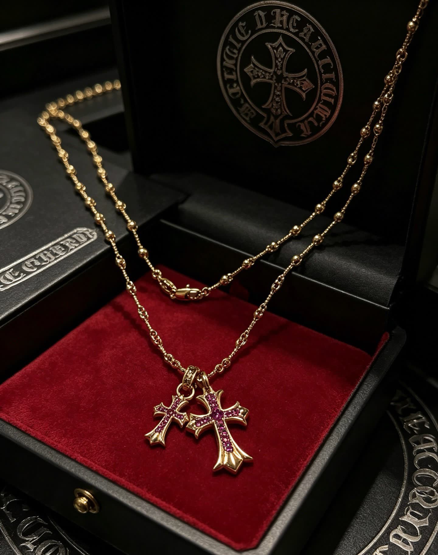 Chrome Hearts Gold Plated Cross Pendant with Ruby Stones
